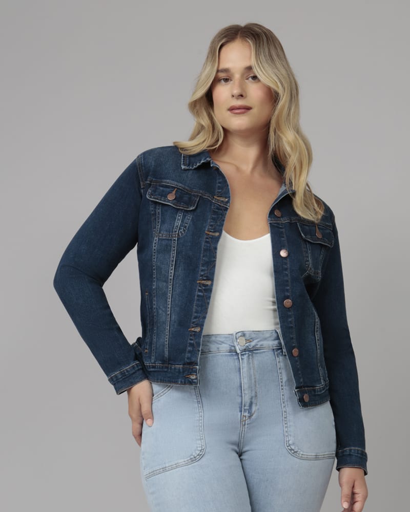 Front of a model wearing a size XL Women's GABRIELLA-CSN Classic Denim Jacket in Cool Starry Night by LOLA JEANS. | dia_product_style_image_id:321919